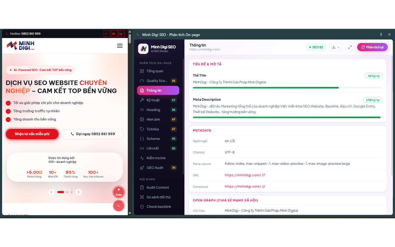 Giao diện extension MinhDigi SEO phân tích On-page website ngay trên trình duyệt